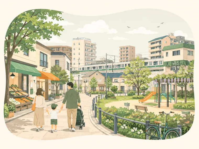 Illustrated neighborhood scene for Funabashi