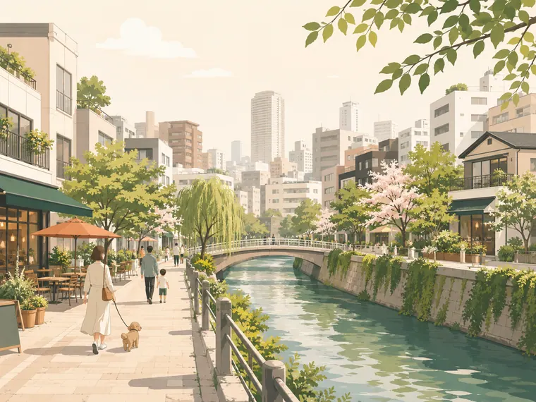 Illustrated neighborhood scene for Gotanda
