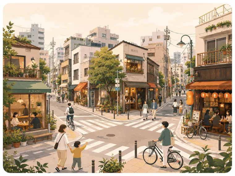 Illustrated neighborhood scene for Sangenjaya