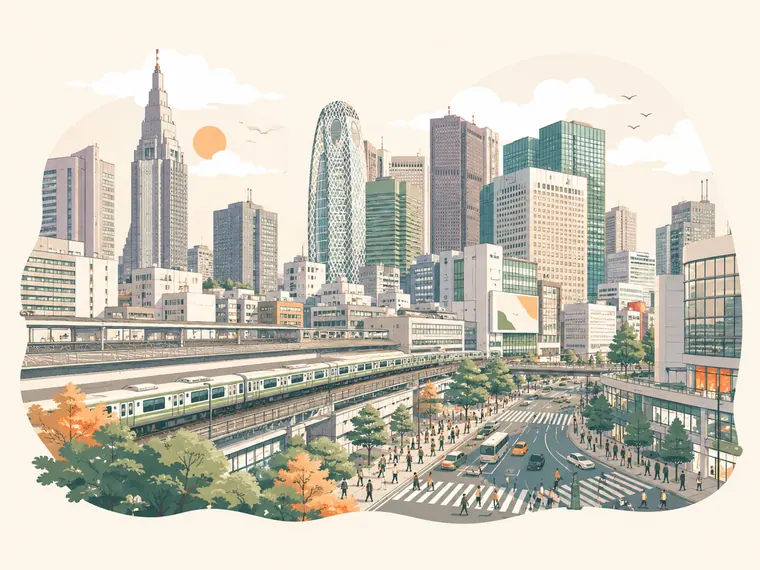 Illustrated neighborhood scene for Shinjuku